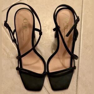 Black Strappy Square Toe Wedge Heels